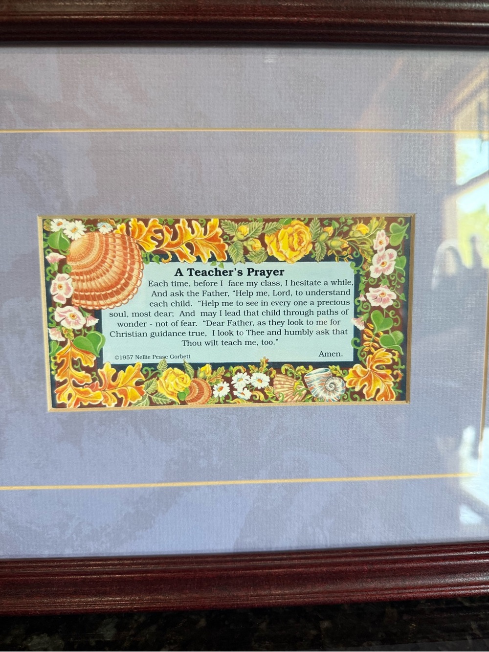 Vintage Framed '11x13 A Teacher's Prayer' Decorative Print - Floral Shell Design